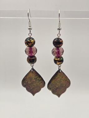 #B508- Multicolor Pink Bead Drop Earrings with Iridescent Leaf Pendants